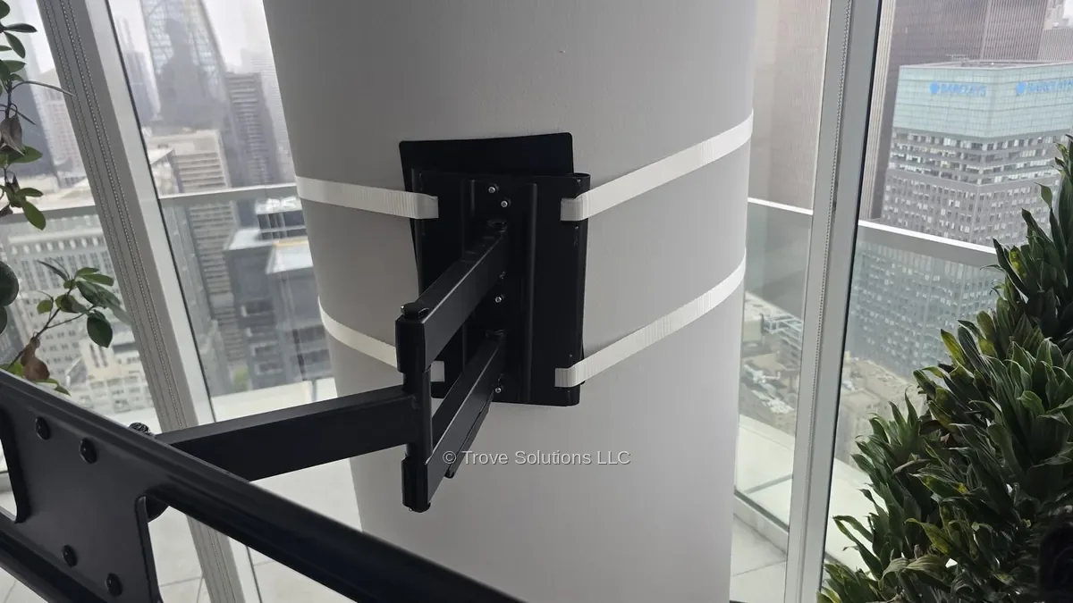 No-drill TV installation on concrete column, NYC TV mount on concrete column using straps — no-drill installation Manhattan